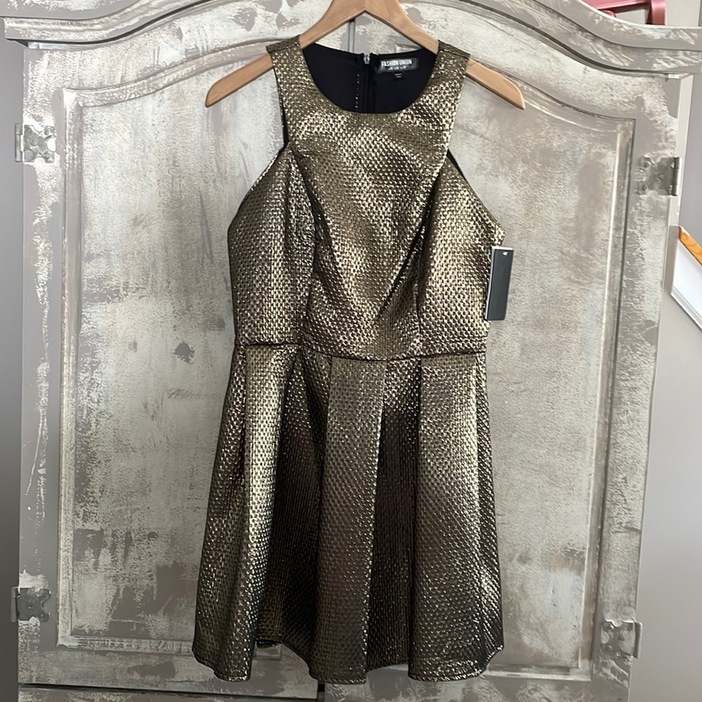 Women’s Size S Fashion Union Metallic Gold Party Dress NWT, Fit & Flare Dress
